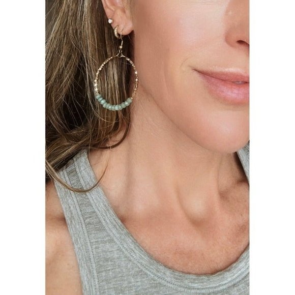 Sparkly Gemstone Beaded Hoops Earrings Natural Green Aventurine Beaded Hoops - Picture 10 of 11